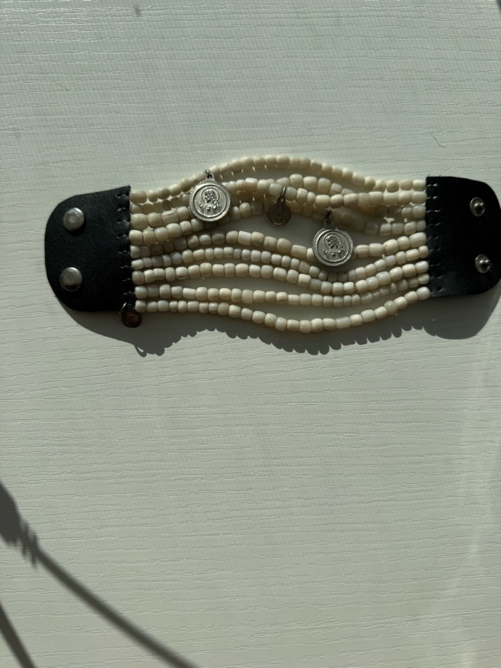 Beaded Multi-Row Stretch Bracelet in Ivory with Coin Charms